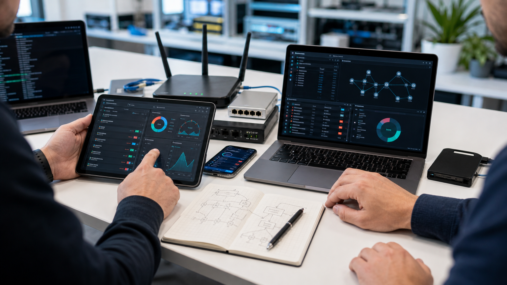Pracovní stůl s notebooky, tabletem a bezpečnostním analytickým softwarem